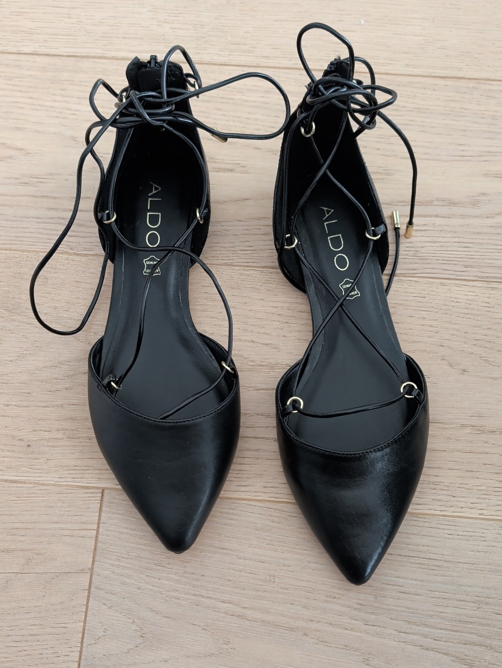 Black Leather Lace Up Pointed Toe Flats With Gold Details
